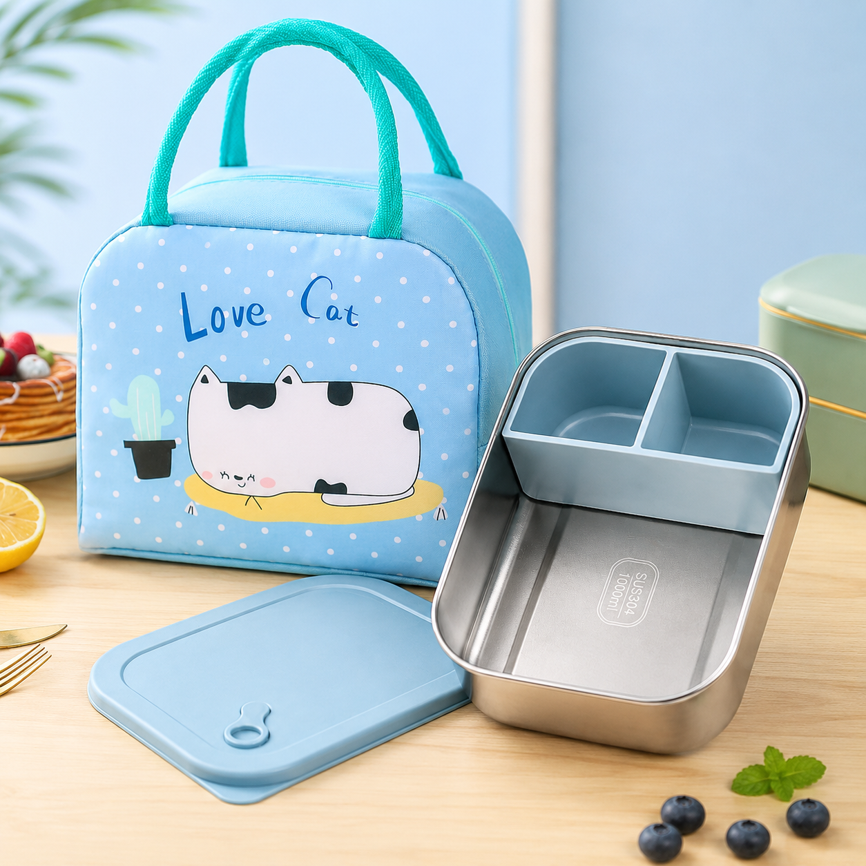 Love Cat & Lunch Box - Blue