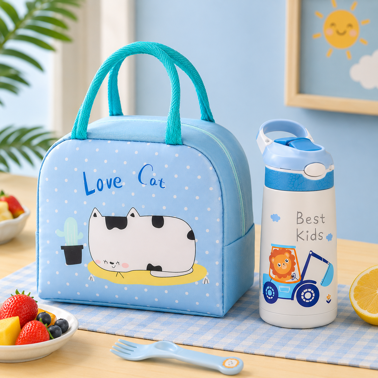 Love cat Bag & Water Bottle - Blue