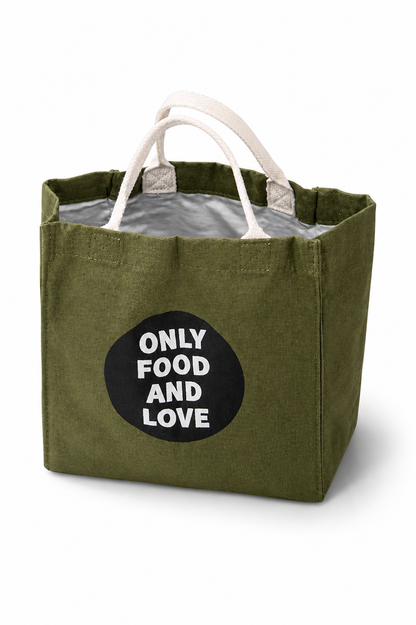 Olive Green Canvas Lunch Tote – Exclusive “Only Food & Love” Edition