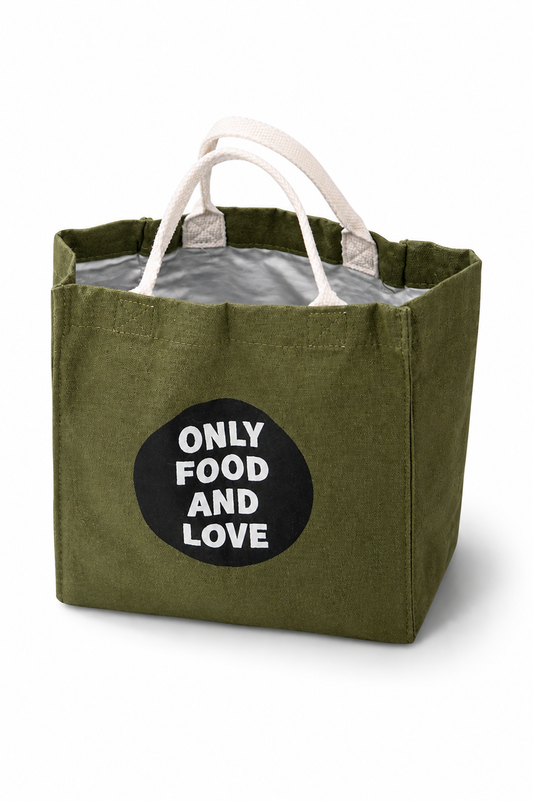 Olive Green Canvas Lunch Tote – Exclusive “Only Food & Love” Edition