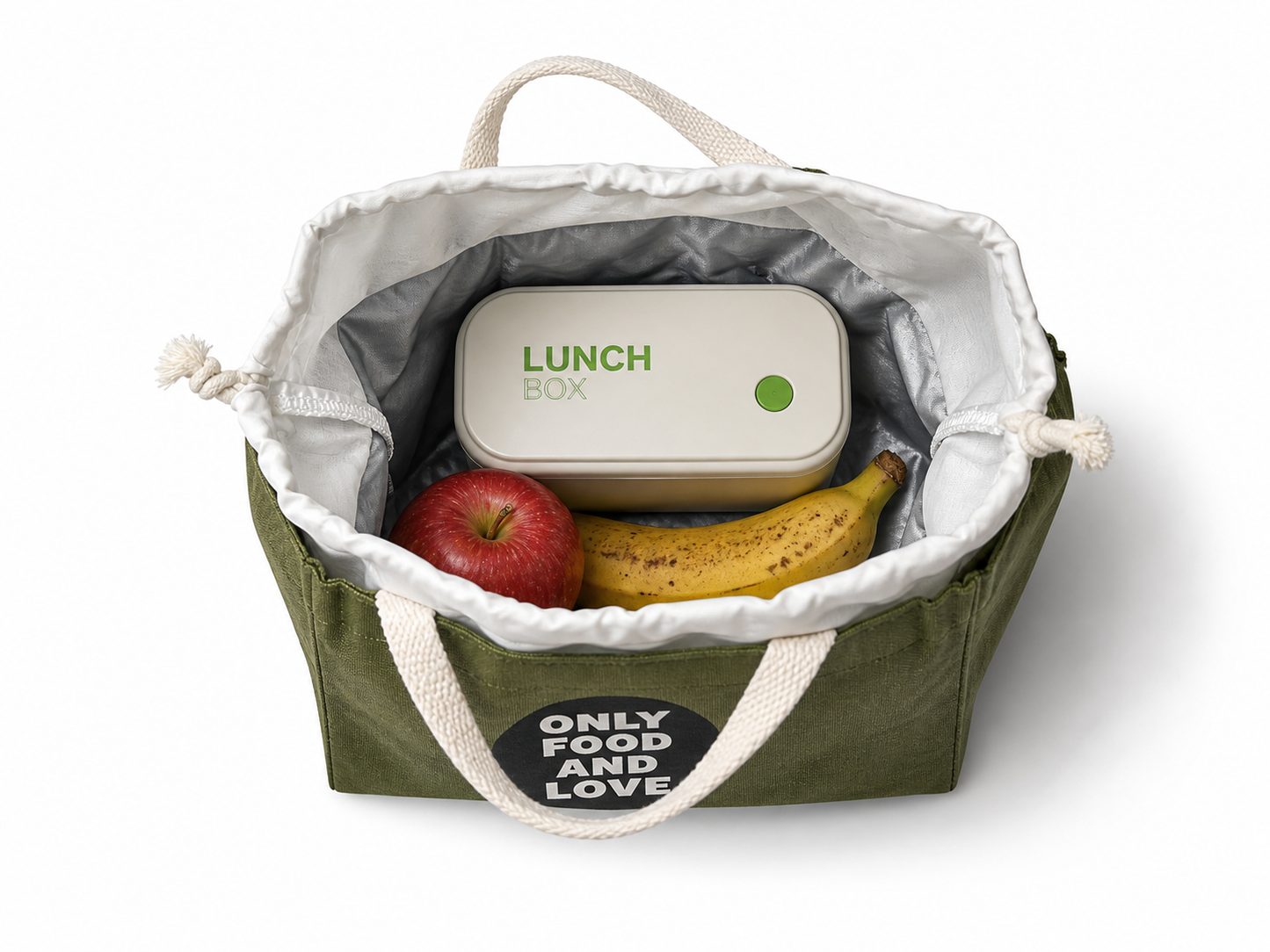 Olive Green Canvas Lunch Tote – Exclusive “Only Food & Love” Edition