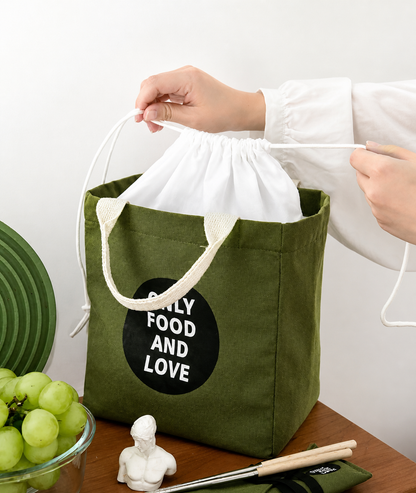 Olive Green Canvas Lunch Tote – Exclusive “Only Food & Love” Edition