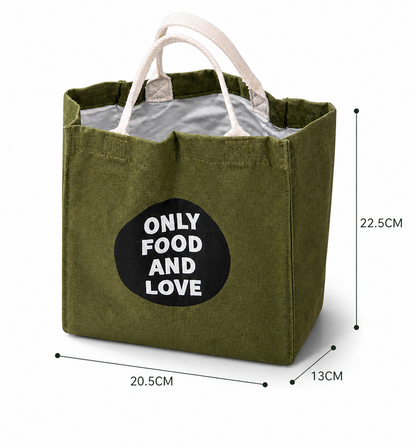 Olive Green Canvas Lunch Tote – Exclusive “Only Food & Love” Edition